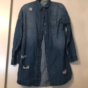 Distressed oversized jean shirt